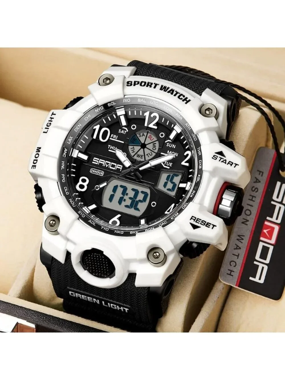Men's Black And White Analog Waterproof Multi Function Tactics LED Digital Watch